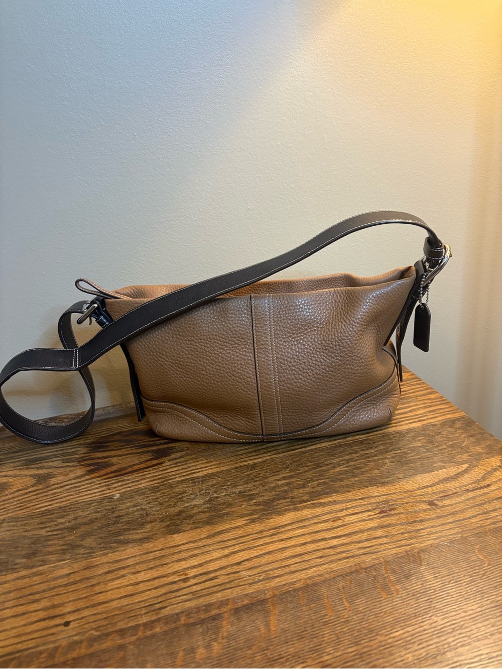 Coach Brown Pebble Leather Shoulder Bag with Dark Brown Strap